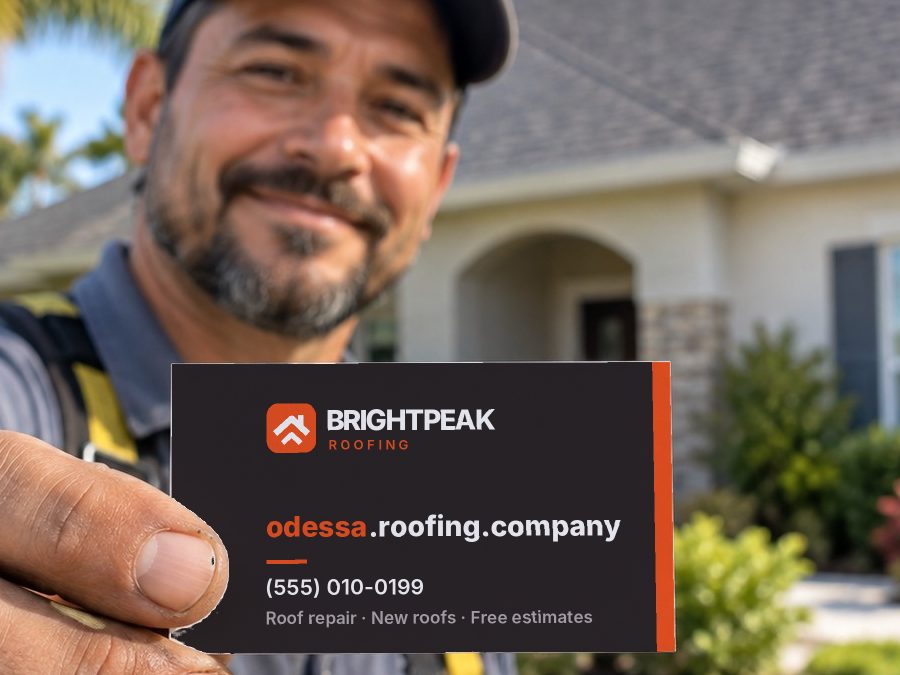 odessa.roofing.company on a roofer's business card