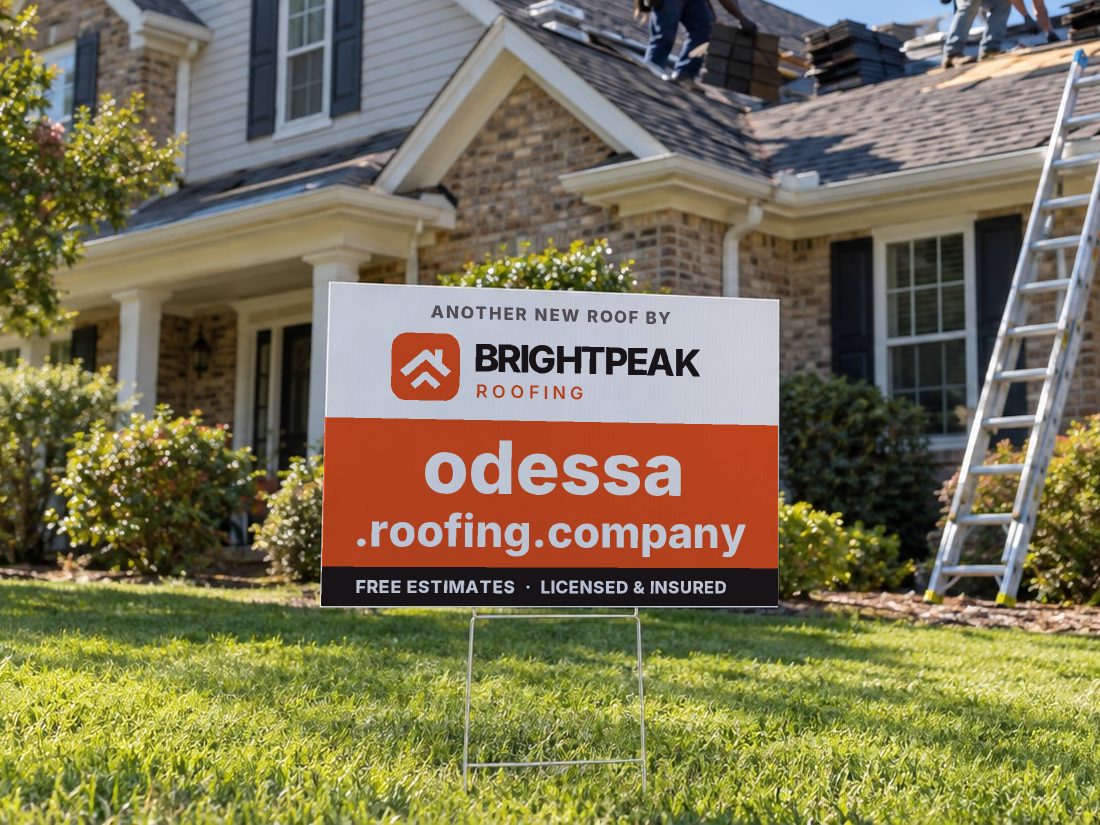 odessa.roofing.company on a yard sign in front of a house getting a new roof