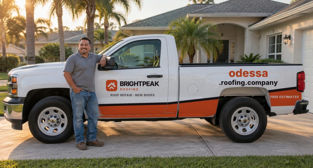 odessa.roofing.company painted on the side of a white work truck