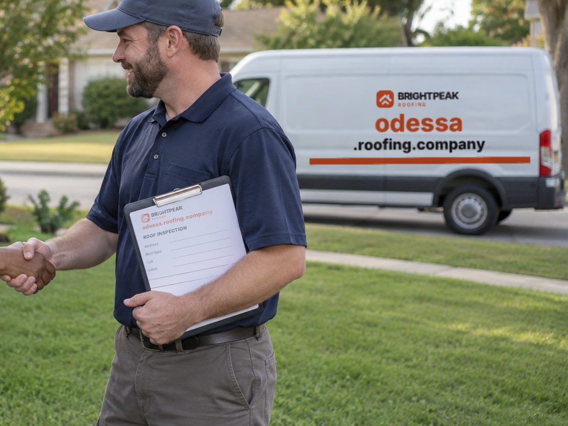 odessa.roofing.company on a roofing van and an inspection form